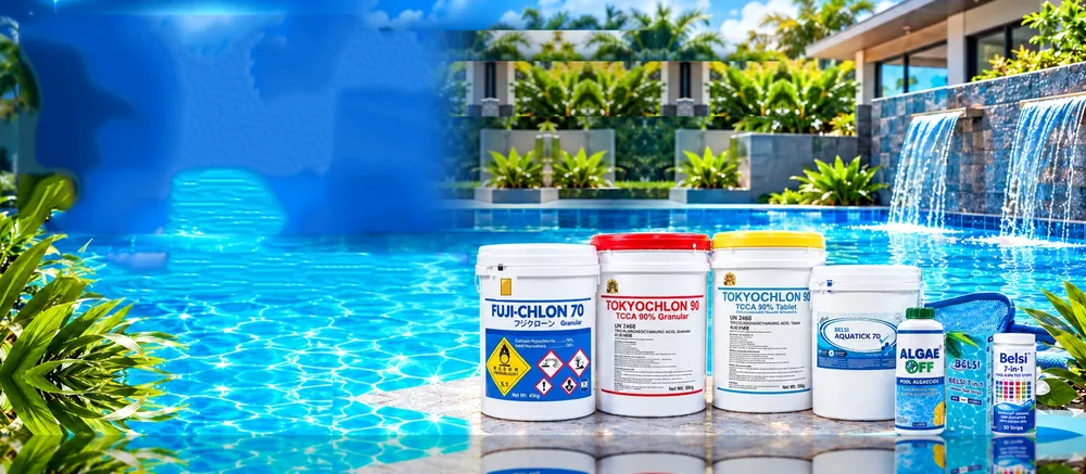 A pool with two small waterfalls and Aquatick, Fuji-Chlon 70, DE filter powder, Algae Off and Belsi pool products on the pool edge