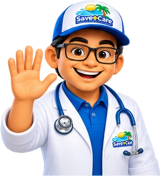 Pool Doctor, the SavePlusCare mascot, waving hello